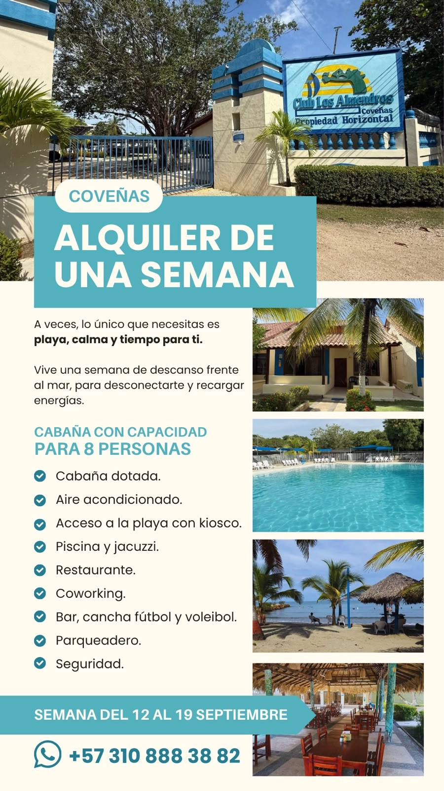 Coveñas es el mejor lugar para descansar y meditar a precio increible A veces, lo único que necesitas es playa, calma y tiempo para ti. Vive una semana de descanso frente al mar, para desconectarte y recargar energías. Cabaña dotada de: Aire acondicionado. Acceso a la playa con kiosco. Piscina y jacuzzi. Restaurante. Coworking. Bar, cancha fútbol y voleibol. Parqueadero. Seguridad.
