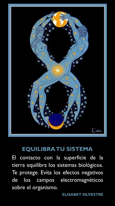 Imagen de la frase: El contacto con la superficie de la tierra equilibra los sistemas biológicos. Te protege. Evita los efectos negativos de los campos electromagnéticos sobre el organismo.