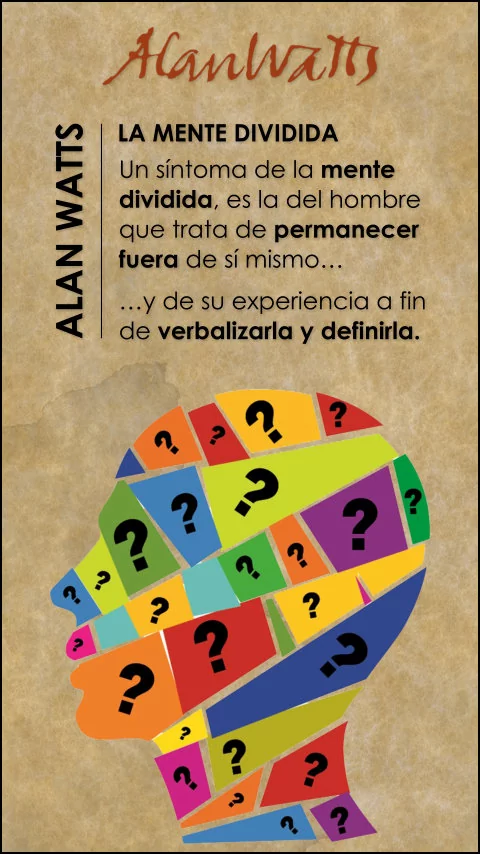 Imagen de la frase: Un síntoma de la mente dividida, es la del hombre que trata de permanecer fuera de sí mismo y de su experiencia a fin de verbalizarla y definirla.