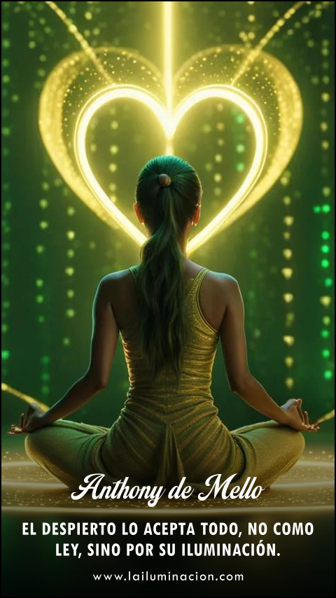 El despierto lo acepta todo, no como ley, sino por su iluminación. Frase de Anthony De Mello